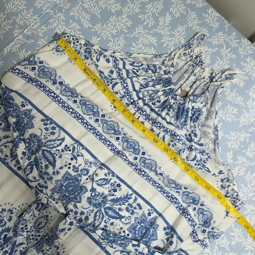LOFT Womens Sz M Blue and White Dress Tiered Beachy BOHO Feminine Fairy Maxi